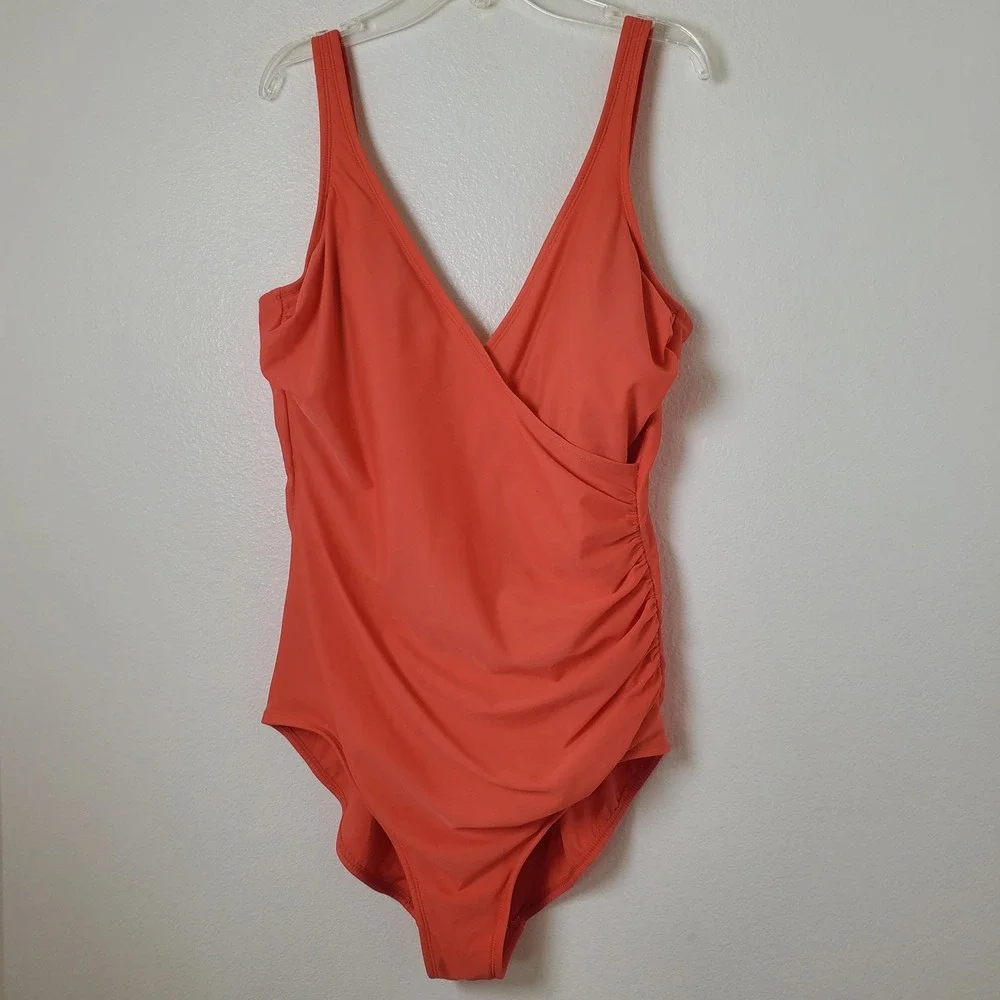 Miraclesuit Coral Orange‎ Wrap One Piece Swimsuit Women's Size 16 Ruched Sides